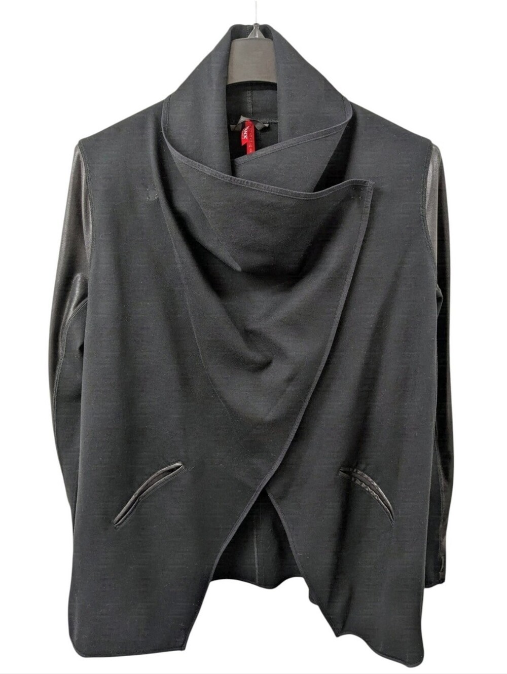 SPANX Size XL Drape Front Convertible Jacket Black Mixed Faux Leather